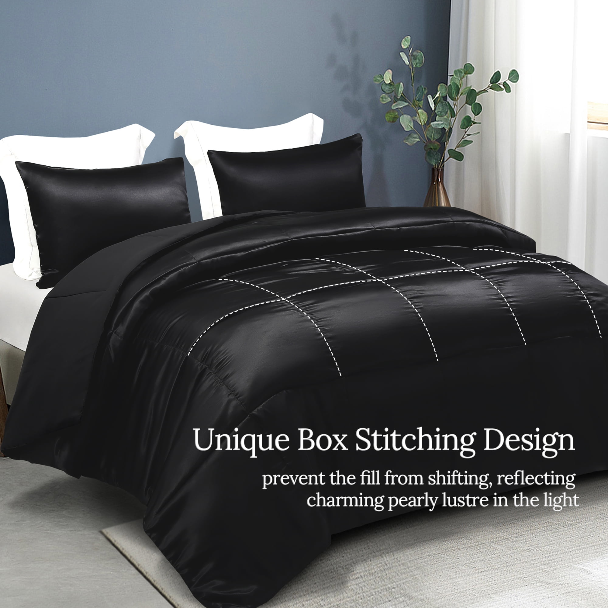 Whale Flotilla 3-Piece Reversible Silky Satin King Size Comforter Bedding Set, Lightweight Luxury Comforters with 2 Pillowcases All-Season, Black