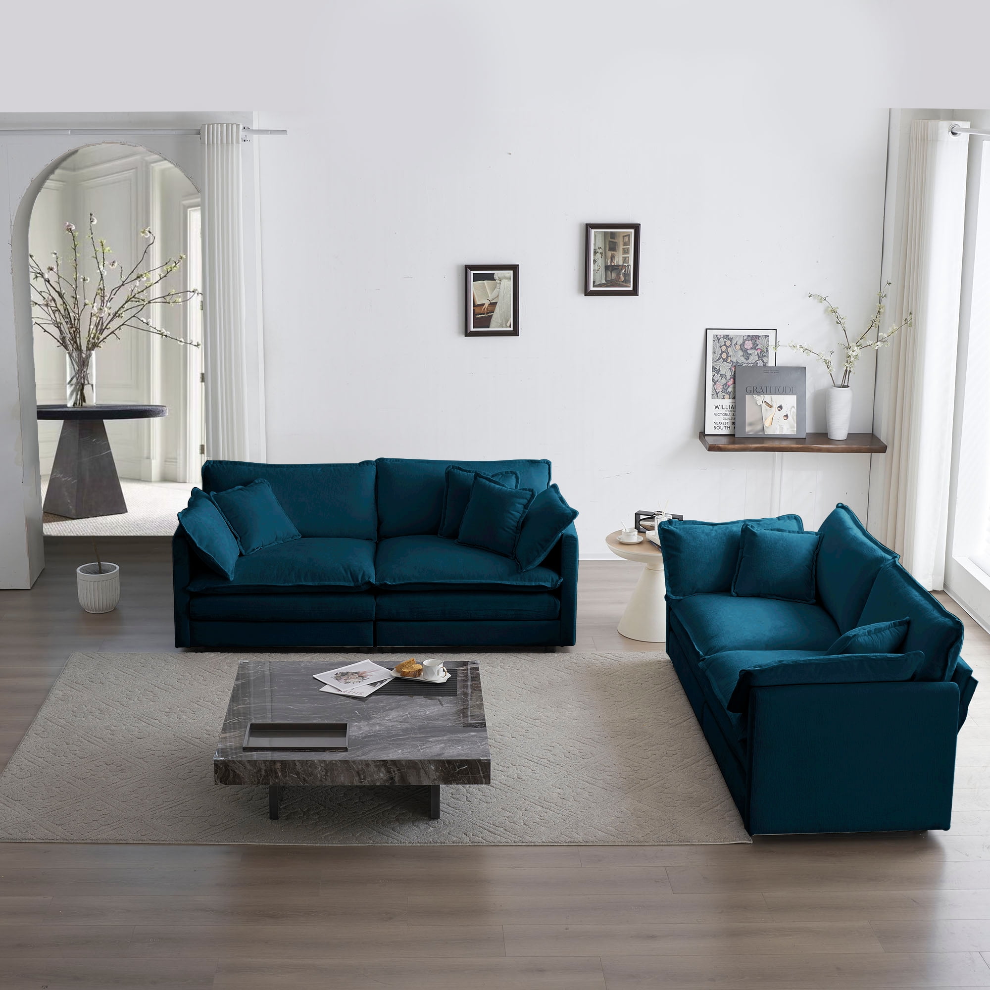 GNIXUU 2 Piece Chenille Cloud Couches Set,2 Piece Modern Loveseat Couch Set Living Room Furniture Set for Apartment Office,Blue