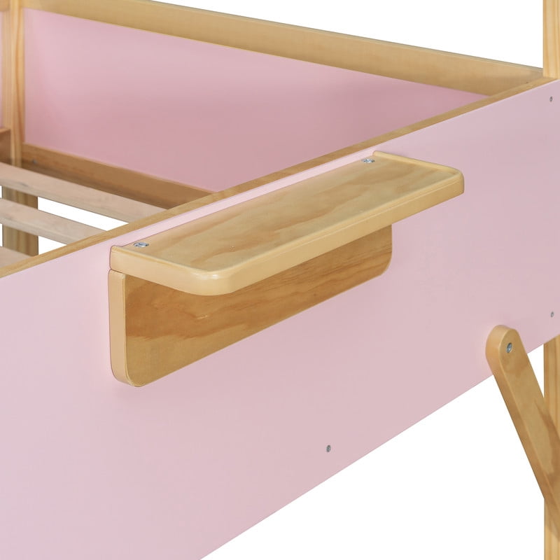 Twin over Twin House-Shaped Bunk Bed with Roof & Stairs, Kids Bed Frame with 3-Color LED Lights & Bedside Storage Shelf