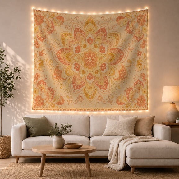 Peach Floral Mandala on Cream Background, Peaceful Boho for Meditation Enthusiasts, Mandala Wall Art, Housewarming Gift, Tapestry Wall Hanging for Bedroom, Living Room and Dorm