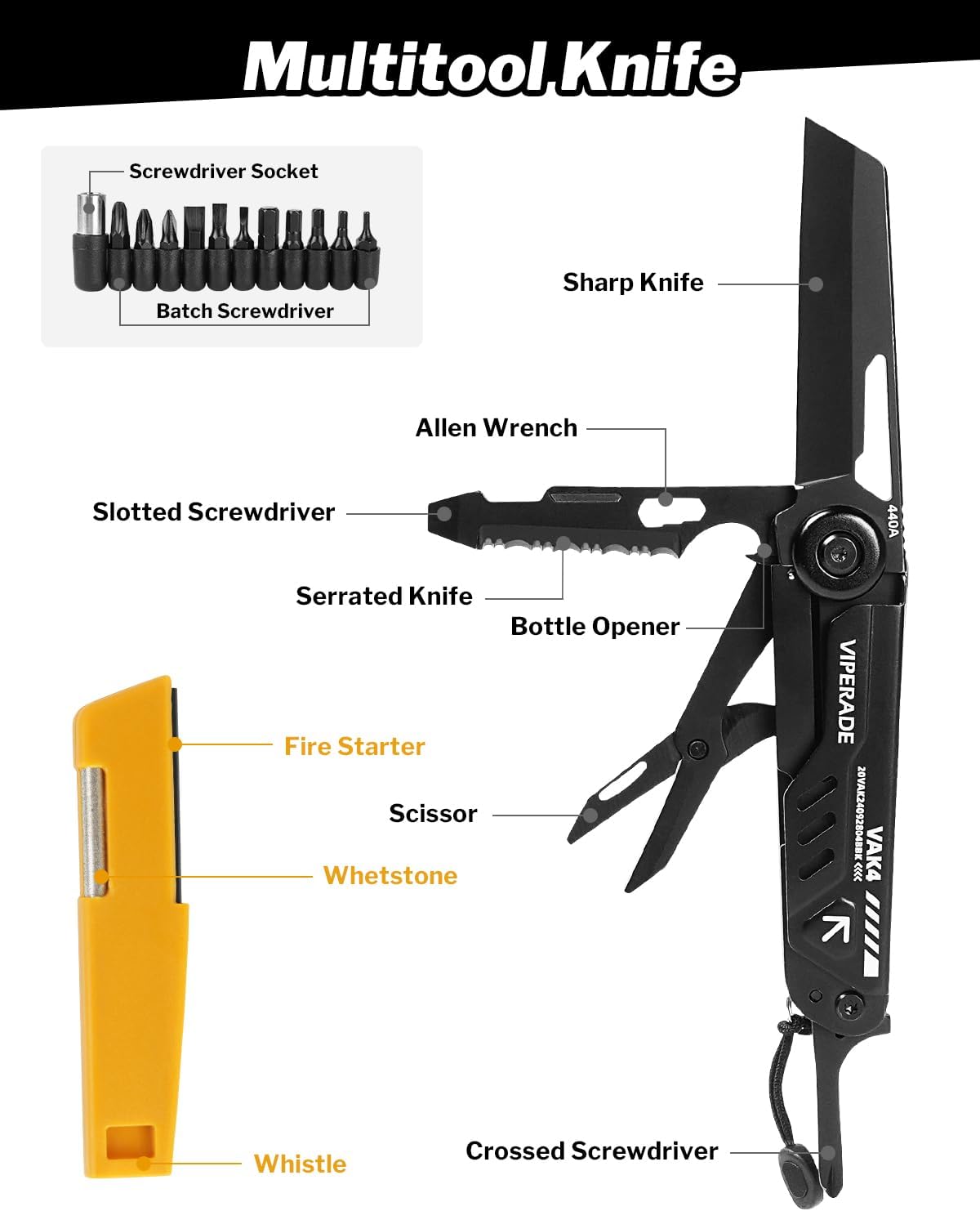 VIPERADE VAK4 Multitool Pocket Knife for Men, Multifunctional 21-in-1 Multitool Pocket Knife with Pouch, Outdoor Camping Survival and Everyday Use (K4-Black)