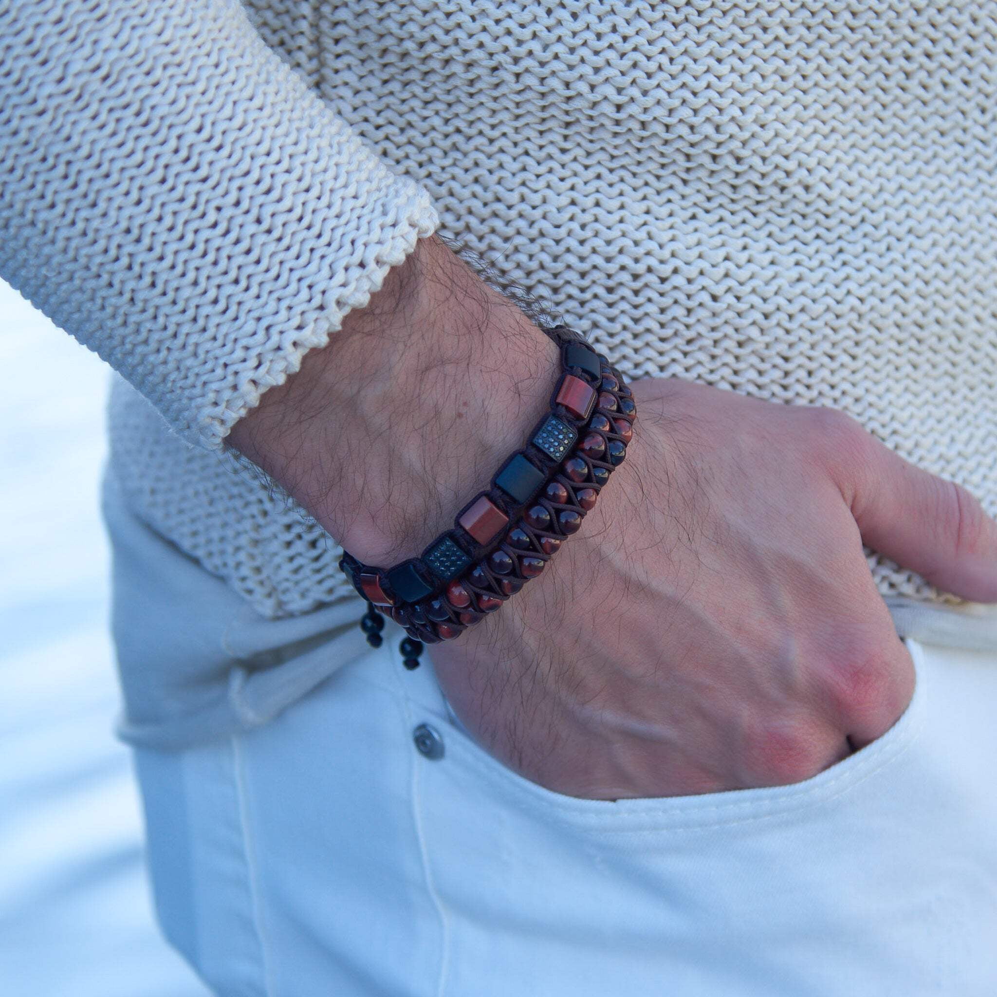 Men's RED TIGER EYE Double Bead Bracelet | Gift for Men | One Size Fits All | Gemstone Adjustable Bracelet