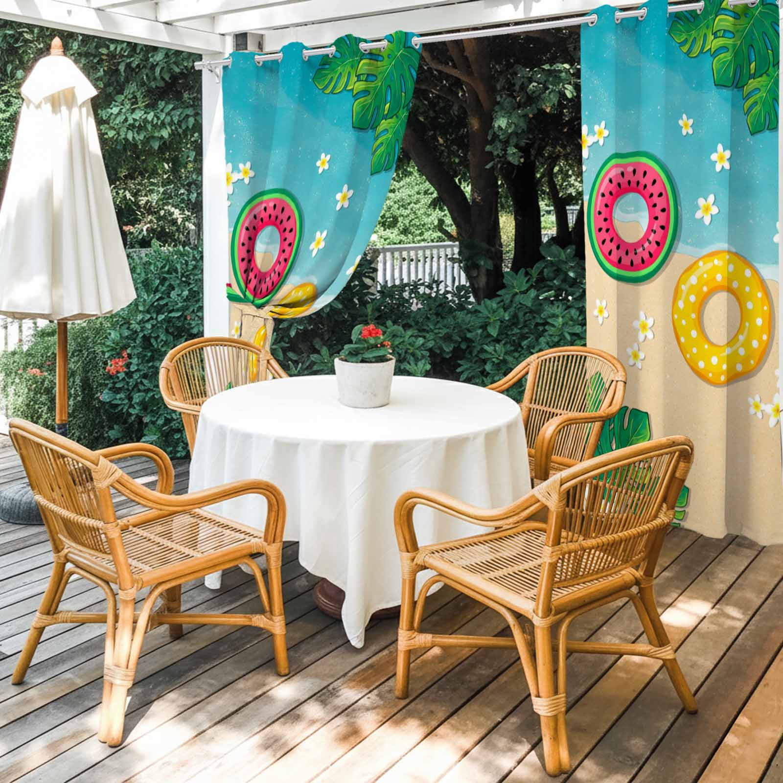 Summer Floral Outdoor Curtains for Patio, Tropical Leaves Watermelon Swimming Rings Beach Sunshade Privacy Drapes Grommet Waterproof Outside Curtains for Porch/Cabana/Balcony 54"x 108", 1 Panel