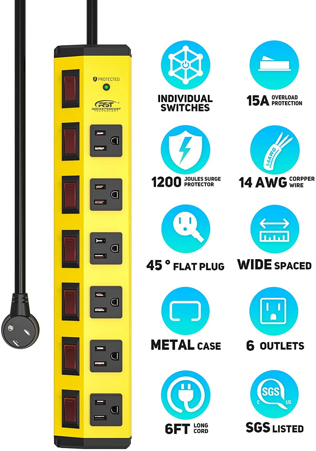 CRST Heavy Duty Metal Power Strip Surge Protector Individual Switches 6-Outlet with 45° Flat Plug 6 Feet 14AWG SJT Extension Cord, 1875W