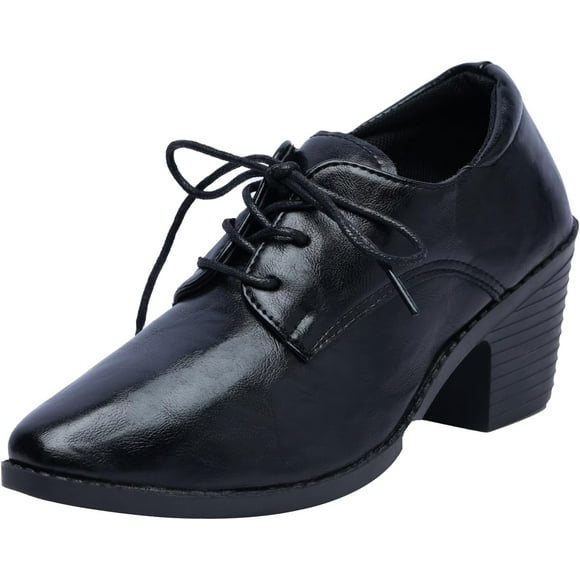 Women's Leather Pointed Toe Lace Up Mid Chunky Heels Casual Oxford Shoes Dress Shoes