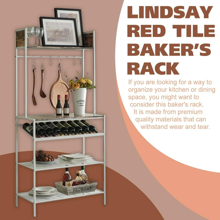 Kings Brand Furniture Red Tile Bakers Rack with 9 Wine Bottle Capacity Rack 8 Hooks Kitchen Storage Organizer White