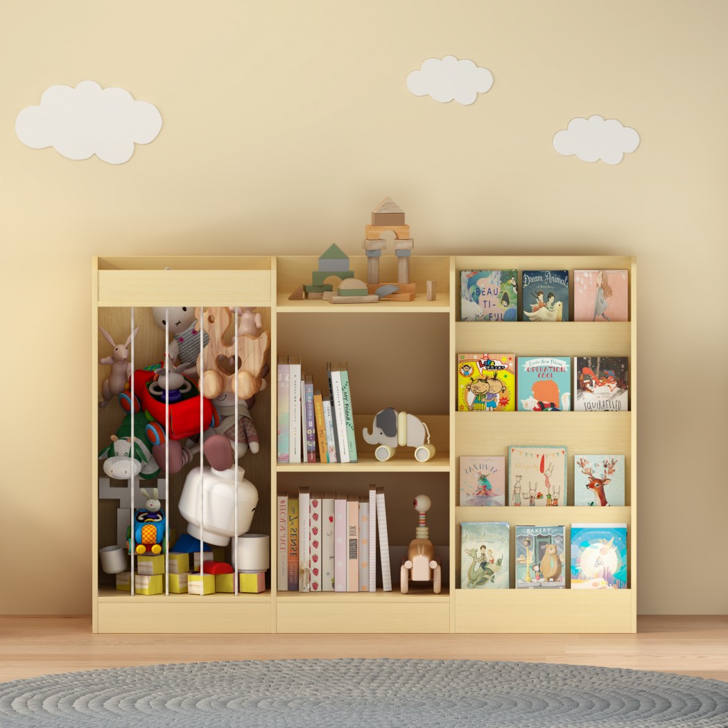 3-in-1 Kids Bookshelf and Toy Storage, 4-Tier Montessori Bookcase with Sling Stuffed Animal Organizer & 3-Tier Toy Shelf for Nursery, Playroom & Kindergarten, Natural