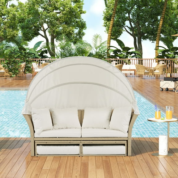 EUROCO Outdoor Patio Daybed, Outdoor Wicker Rattan Double Daybed Round Sofa Furniture Set with Retractable Canopy, 4 Pillows for Lawn Garden Backyard Porch Pool, Beige