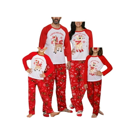 

Xingqing Christmas Family Pajamas Set Deer Print Round Collar Tops Trousers Sleepwear Nightwear