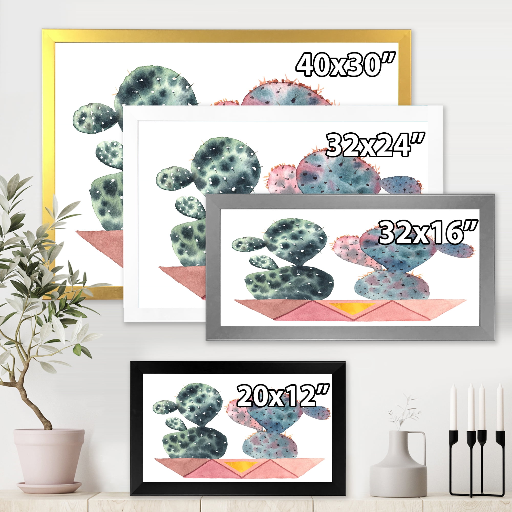 Designart 'Cactus Duo In Pink Pots Geometric' Modern Framed Art Print