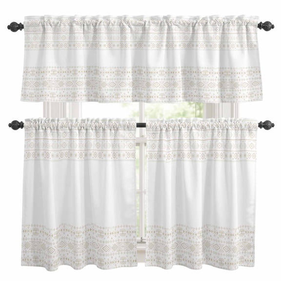 Beige White Boho Kitchen Curtains Sets for Windows 36 Inch Length, Vintage Ethnic Tribe Abstract Art Rod Pocket Window Treatments Tier Curtains and Valances Set for Bedroom/Bathroom