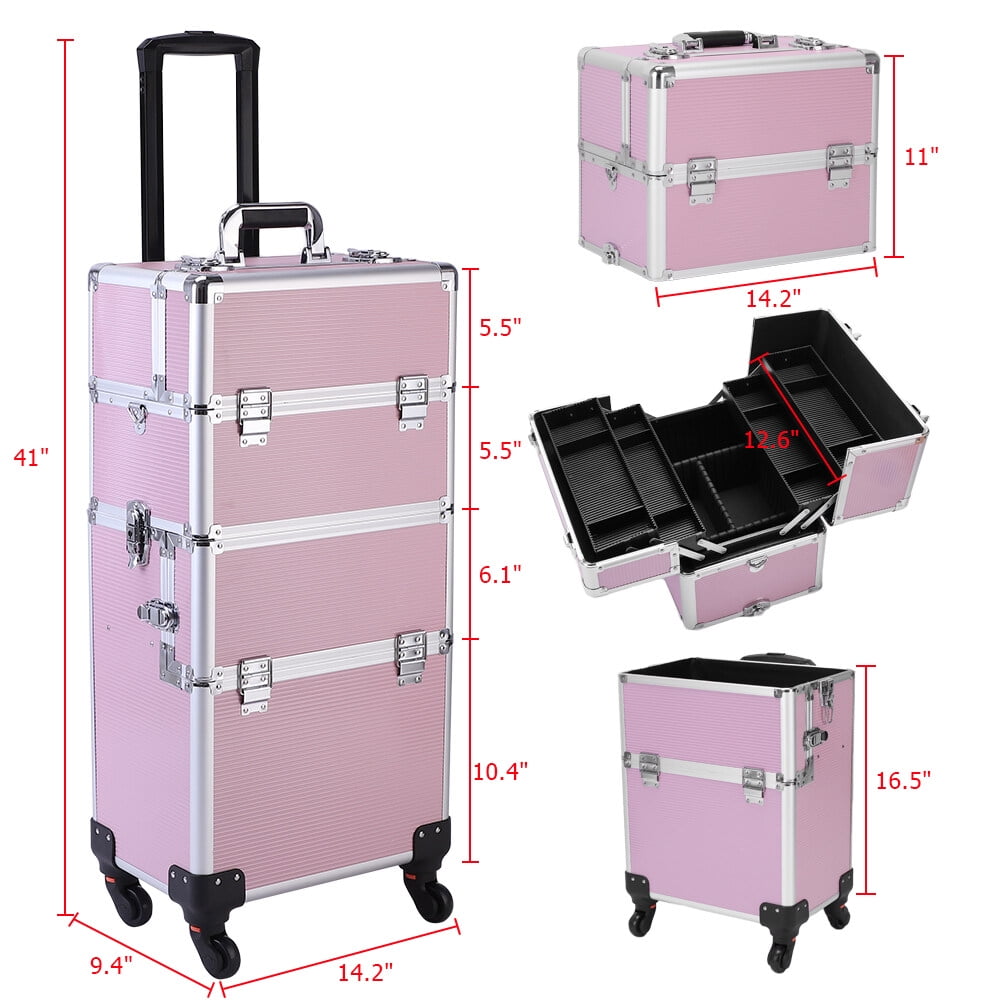 3pcs Trolley-Style Makeup Case with Universal Wheels Aluminum Alloy Cosmetic Trolley Case, Pink 14.2*9.4*41in