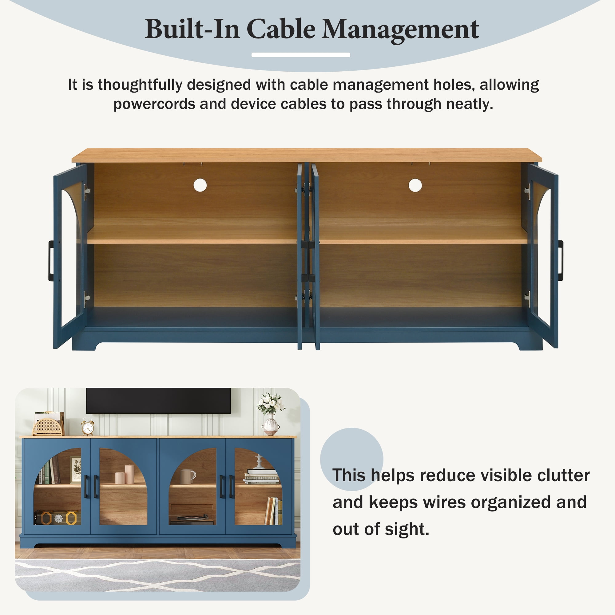 Homy Casa 67" TV Stand Media Console for TVs up to 70", Arched Glass Doors, Adjustable Shelves, Blue