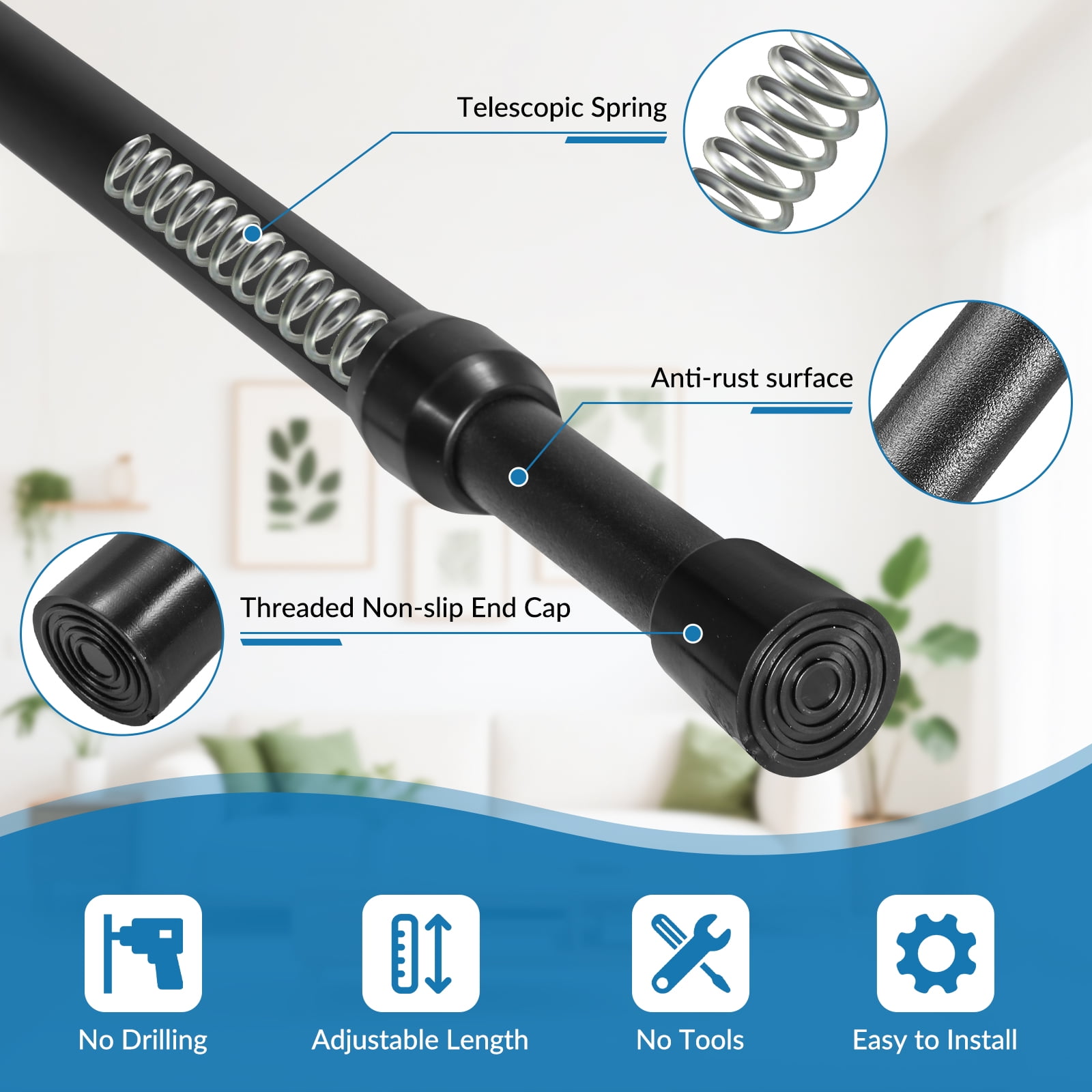 BEAMNOVA 32"-55" Adjustable Tension Curtain Rod, 5/8" Diameter, Spring Tension Rods for Windows Cabinet Wardrobe Closet Shower Curtains, Black (8 Pack)