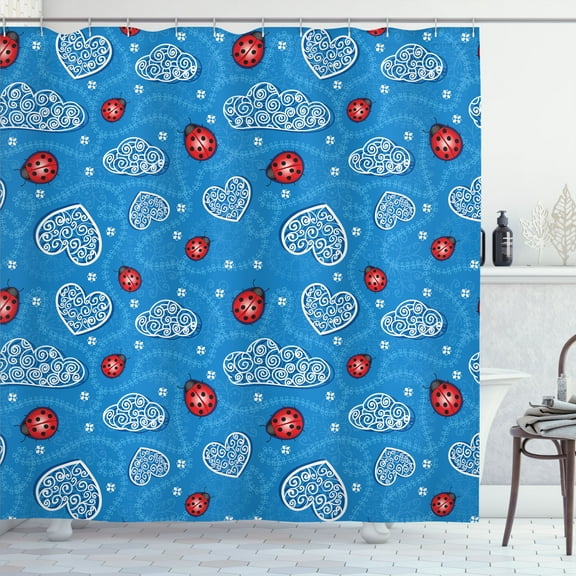 Ambesonne Cartoon Shower Curtain, Ladybugs Hearts Clouds, 69"Wx84"L, Blue Red