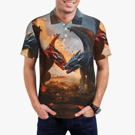 Haiem Lava Dragon Pattern Mens Polo Shirts Quick Dry Short Sleeve Golf T Shirt Performance Moisture Wicking Casual Workout-X-Large