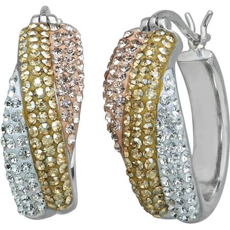 Luminesse Swarovski Element Sterling Silver Tri-Color Hoop Earrings
