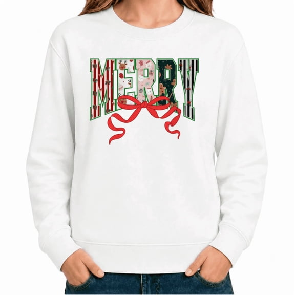 UNISHE Women's Merry Christmas Bow Print Sweatshirt Festive Holiday Crewneck Long Sleeve Winter Casual Pullover