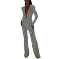 thumbnail image 4 of Women's Jumpsuit Beaded Sequin Solid Color Deep V Elegant Party Wedding Regular Fit Long Sleeve, 4 of 5