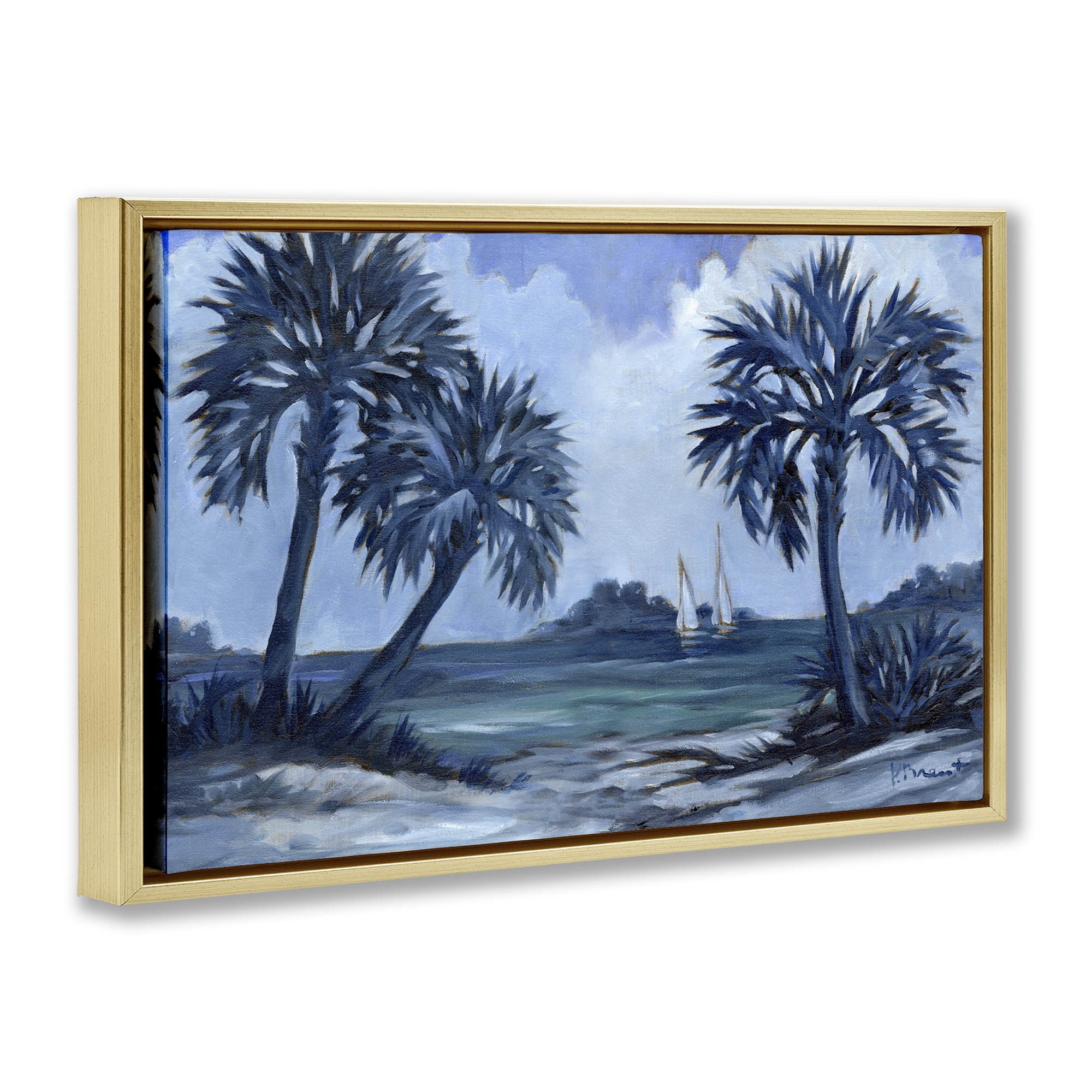 Stupell Industries Indigo Palms Impressions Landscape Painting Gold Floater Framed Canvas Art Print Wall Art, 31 x 21