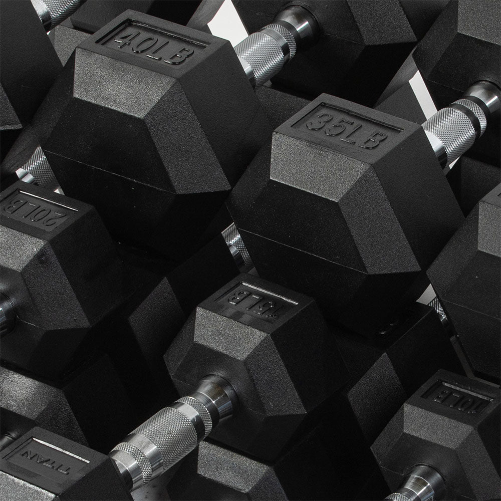 Titan Fitness Rubber Hex Dumbbells, 5 LB-50 LB Set of Pairs, Roll-Resistant Hexagonal Free Weights