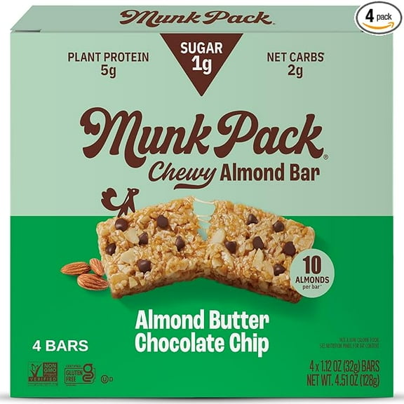 Munk Pack Keto Granola Bar Almond Butter Cocoa Chip, 1.12 Oz, 4 Ct ( Pack of 2 )
