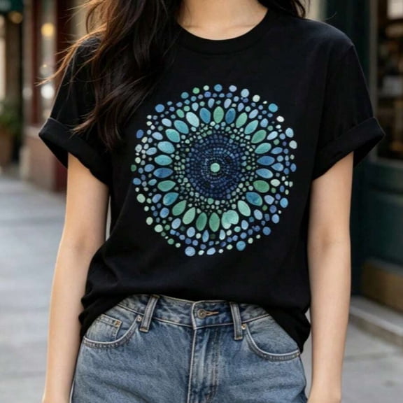 【New Arrival】Watercolor Blue Green Mandala Dot Circle Graphic T-Shirt, Unisex Cotton Crew Neck Boho Abstract Art Casual Tee, Minimalist Meditation Gift
