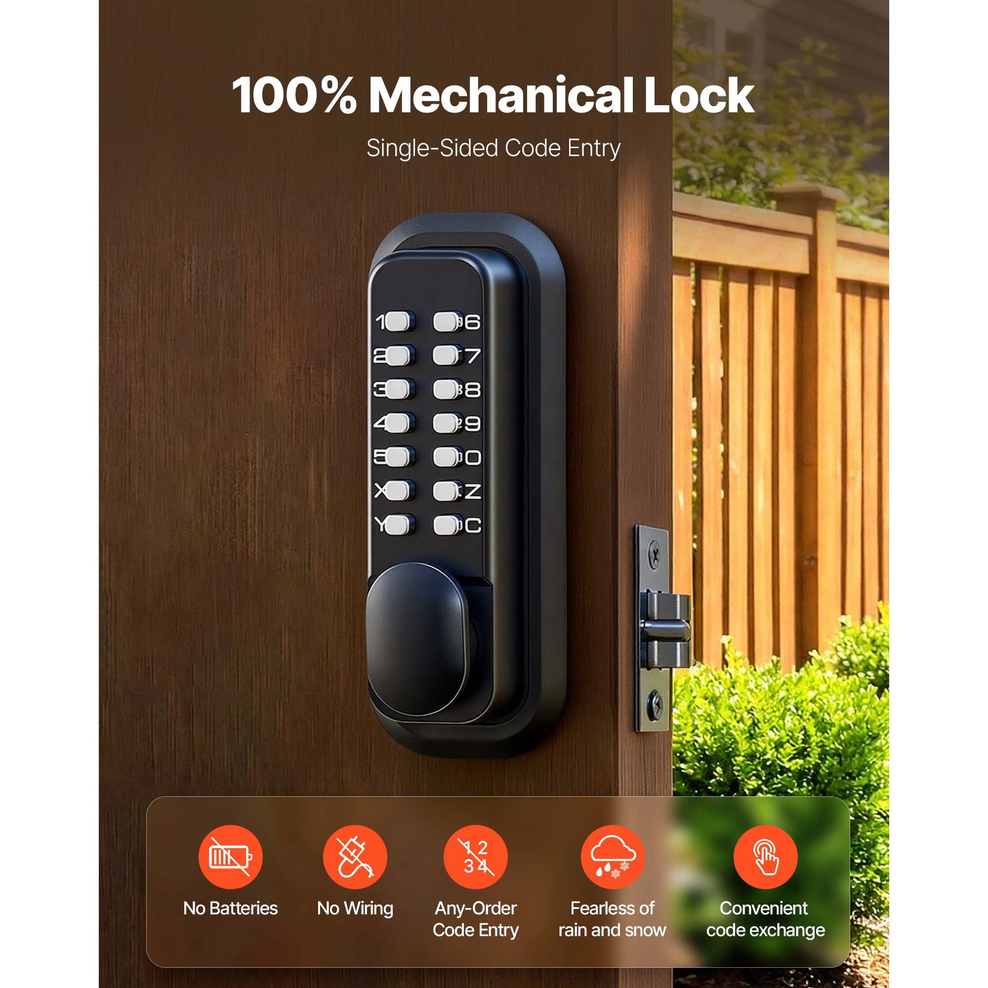 Mechanical Keyless Door Lock Gen2 Single-Sided 4-7 Digit Code No Batteries 1.4-2.5 Inch Door Thickness for Front Gate Garden Garage