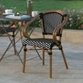 thumbnail image 3 of Emma + Oliver Indoor/Outdoor Stacking Thonet Bistro Style Chair with Arms, Black & White PE Rattan Seat and Natural Bamboo Finished Metal Frame, 3 of 14