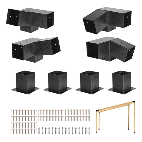 VEVOR Pergola Kit, 4x4 inch 3-Way Slanted Bracket for 3.5x3.5 inch Wood Beams in Actual Size, Carbon Steel Pergola Bracket with Screws and Post Bases, for Outdoor Wood Pergolas, Gazebos, Sheds