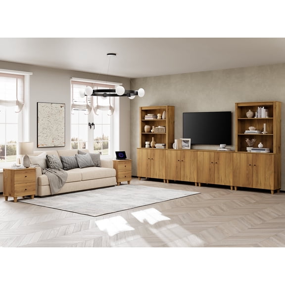 WAMPAT TV Stand and End Table Set of 3, Modern Entertainment Center for 75" TV with Cabinets, 2 Charging Side Tables with Drawers, Wooden Furniture Set for Living Room, Dark Brown Wood