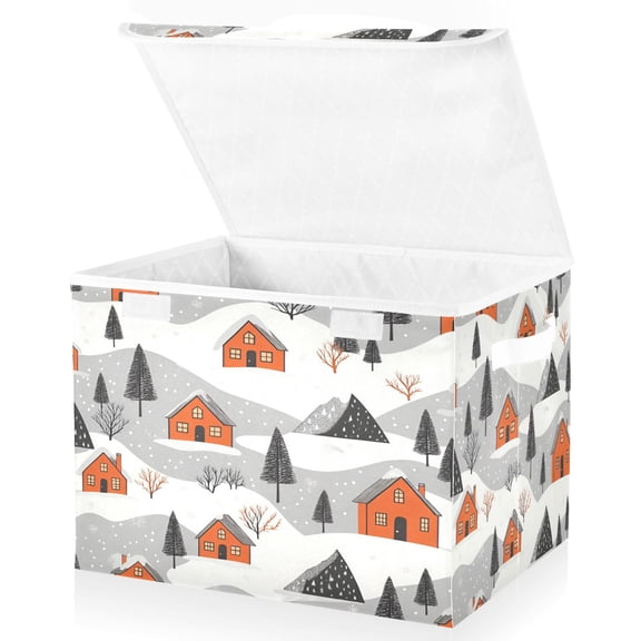 Yayeee Collapsible Storage Bin with Lid Fabric Closet Decorative Basket with Handles, Orange Cartoon Houses