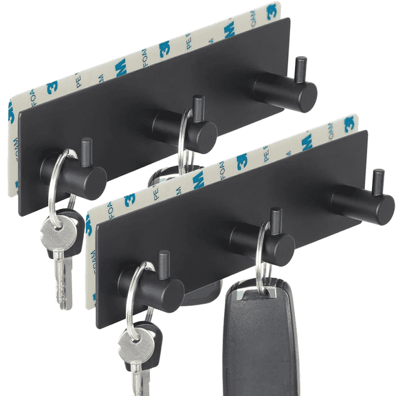 Key Holder for Wall, Sturdy Self Adhesive Stainless Steel with 3 Hooks,Wall Mount, Damage Free, for Entryway, Door, Bathroom, Kitchen,Black
