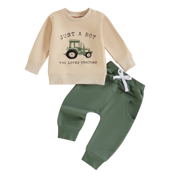 Aojekbee Toddler Boys Fall Outfits Letter Tractor Print Long Sleeve Sweatshirts and Long Pants 2Pcs Clothes Set