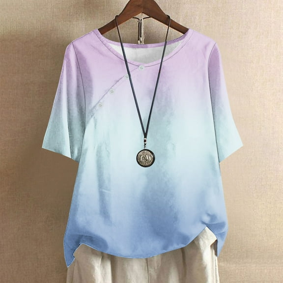 Otvok Womens Casual Round Neck Casual Button Printed Short Sleeve Blouse Shirt