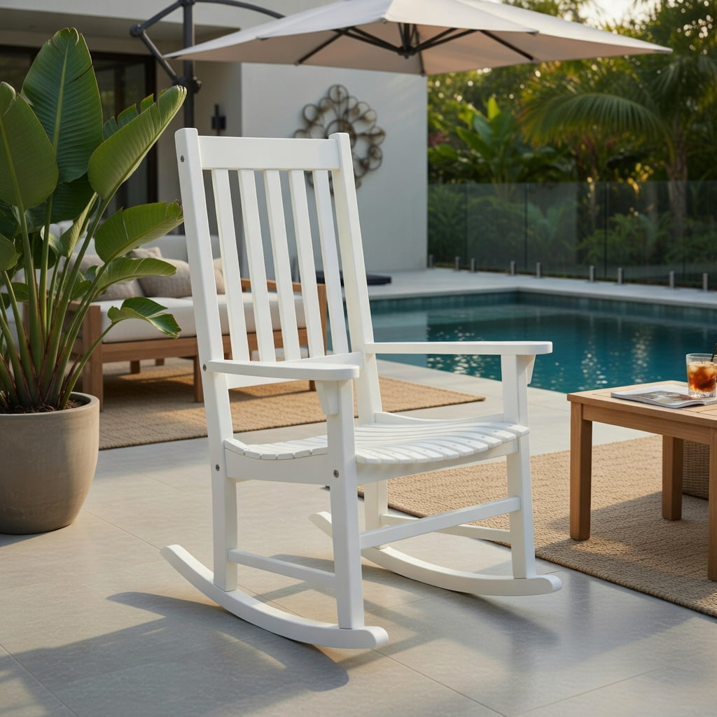 Hommoo Acacia Wood Indoor & Outdoor High-Back Rocking Chair, Weather-Resistant Patio Rocker for Backyard, Balcony & Living Room, White