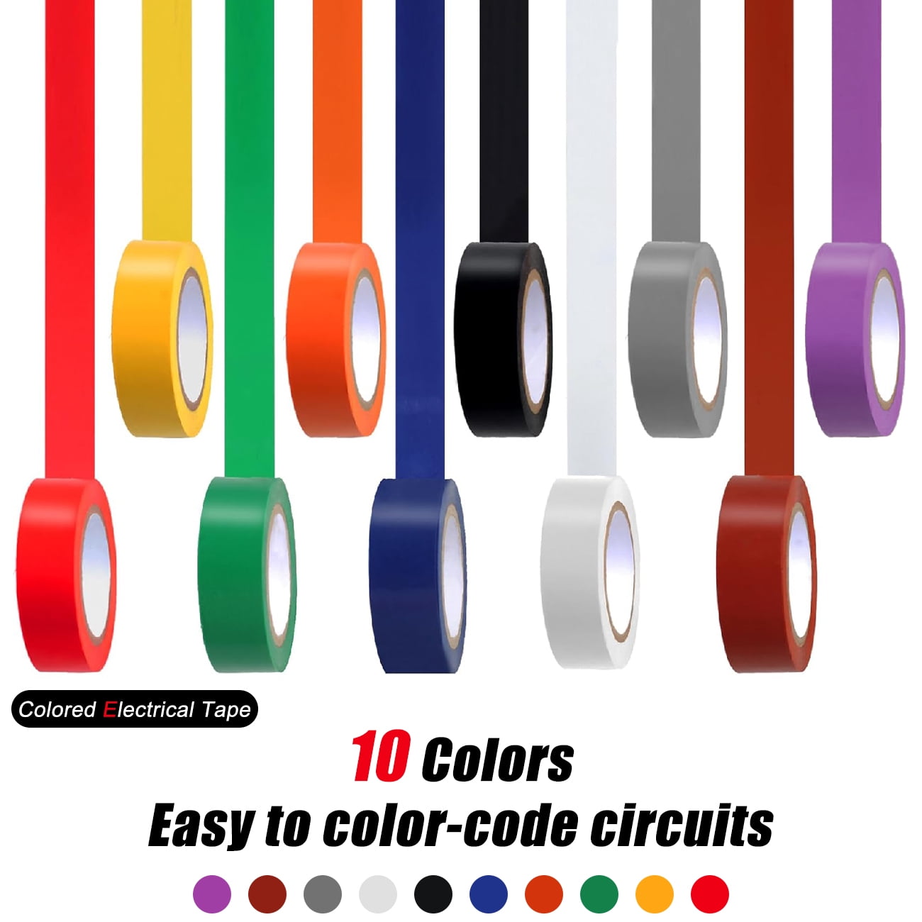 10Pcs Colored Electrical Tape - electrical insulation tape 30 ft, waterproof, environmentally friendly, flame retardant, strong adhesion, 600V withstand voltage, color marking circuit