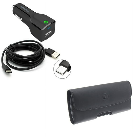 Black Leather Case w 24W Adaptive Fast Car USB Charger 6ft Type-C Cable W8E Compatible With Google Pixel 3a XL