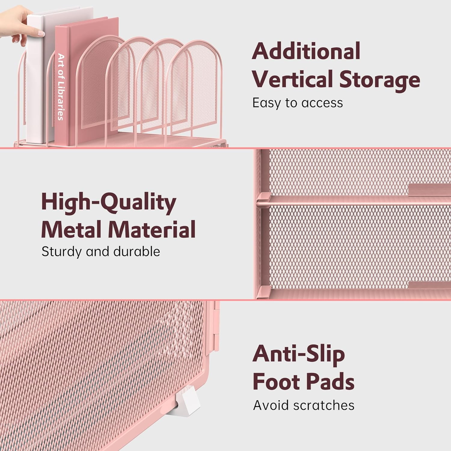 INTIGE 3 Tier Metal Desktop Folder Organizer with 5 Vertical File Shelves, Paper Organizer, Pink, 1 Piece