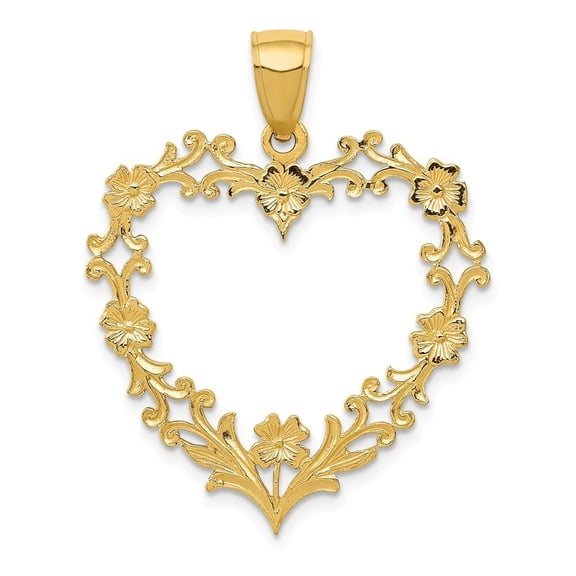14k Yellow Gold Large Floral Heart Pendant - 1.5 Grams - Measures 33.3x33.8mm