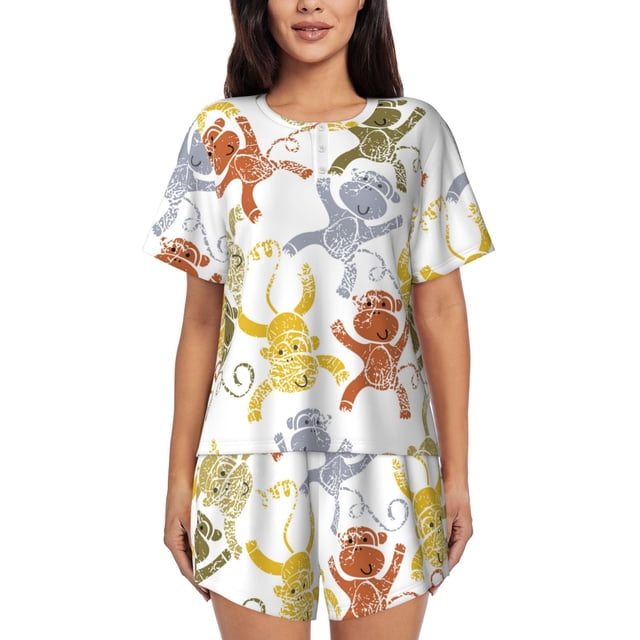 Fotbe Cartoon Monkey Conjunto de Pijama Estampado para Mujer, 2 Piezas, Ropa de Dormir con Camiseta de Manga Corta y Shorts Suaves-4X-Large