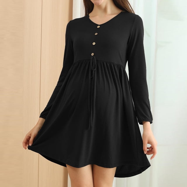 Robe de Maternité Élégante à Manches Longues Grossesse Décontractée Col Rond Été Automne Mini Taille Haute Boutonnée pour