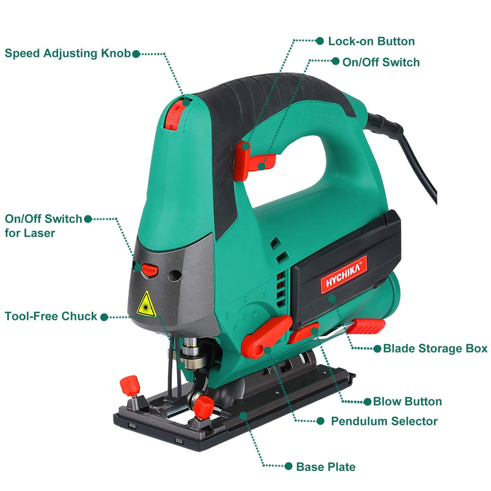 HYCHIKA Jigsaw, 6.7A Jig Saw 800-3000SPM with 6 Variable Speeds, 4 Orbital Sets, Bevel Angle 45°, 6PCS Blades, Pure Copper Motor, Laser Guide, Wood Metal Plastic Cutting