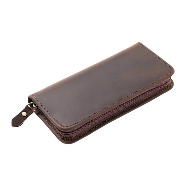 Estuche de bolígrafo de cuero Crazy Horse Vintage, organizador de papelería de cuero, resistente, creativo, bolsa de papelería clásica para facturas y Marrón oscuro