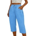 thumbnail image 2 of Hvogkswy Cotton Linen Capri Pants for Women Straight Solid Drawstring Elastic Waist Capris with Pockets Summer Casual Capri Pants, 2 of 7