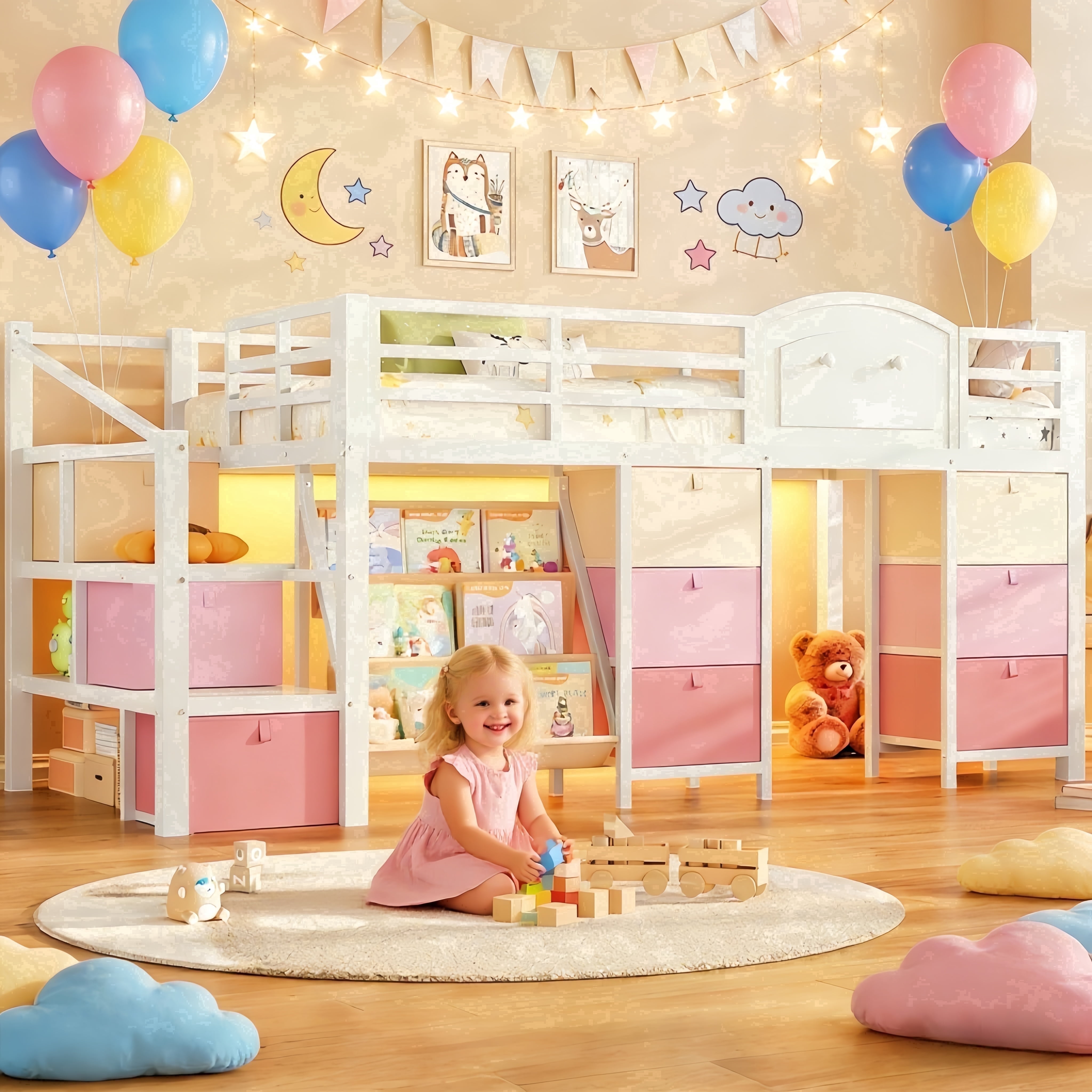 Low Loft Bed with Storage Stairs & Drawers & Shelves, LED Twin Metal Loft Bed with Under-Bed Playhouse, White