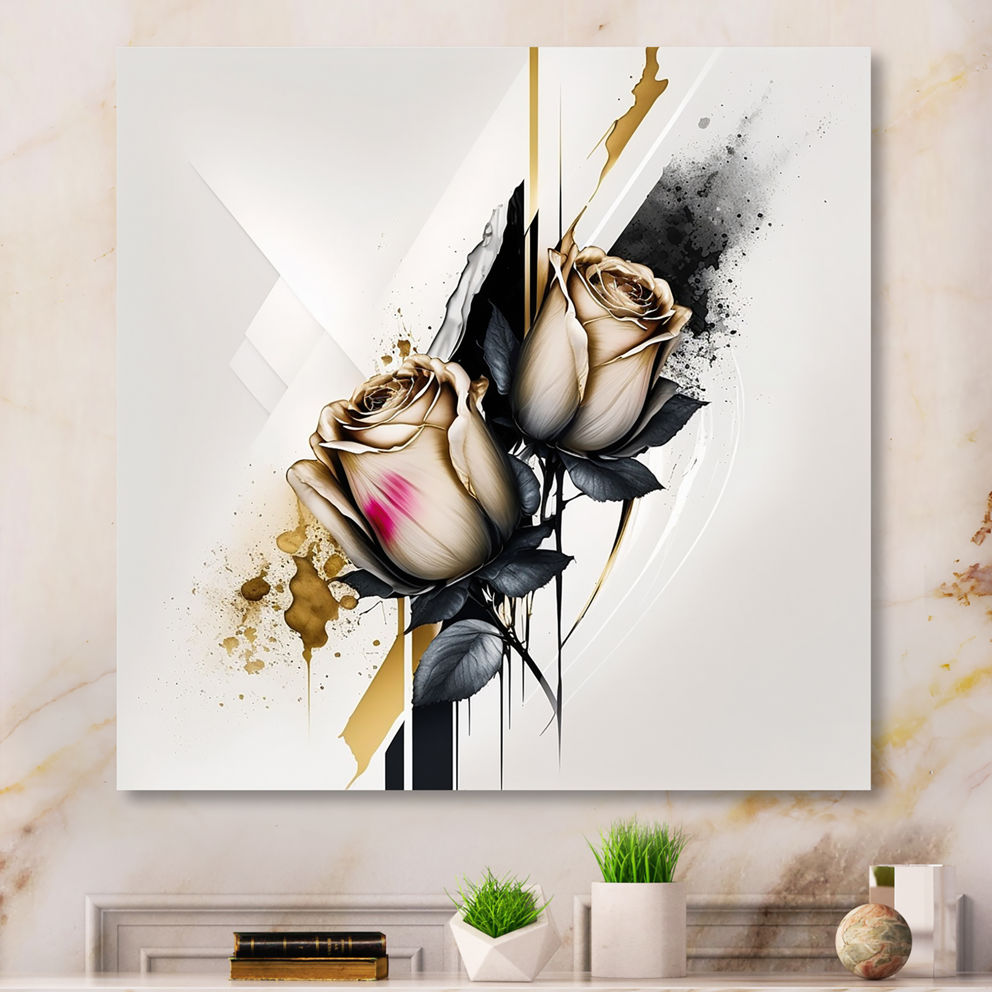 Designart Roses Flow Flower On Golden Beige Paint I Canvas Wall Art