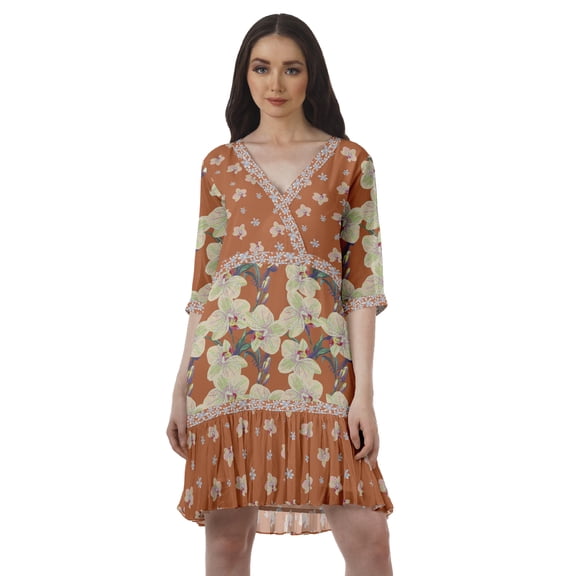 Moomaya Printed 3/4 Sleeve Georgette V-Neck Plus Size Clothing For Women Dress