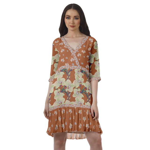 Moomaya Robe en Georgette Imprimée à Manches 3/4, Col en V, Grande Taille, Vêtements pour Femmes