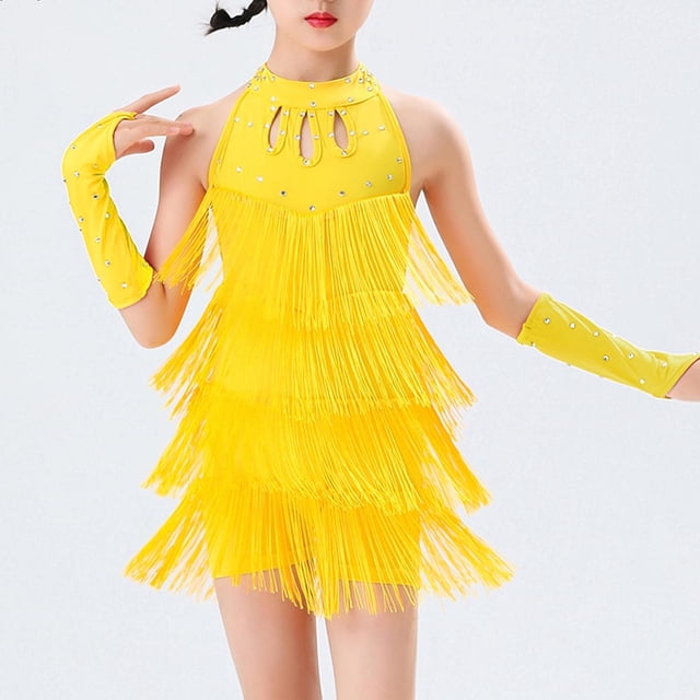 MKOSPLRT Justaucorps à Franges pour Filles Enfants avec Robe à Franges Sans Manches à Col Licou Robe Mini Samba Rumba Fête Cha-Cha Tenue de Danse Robes de Fête Vintage